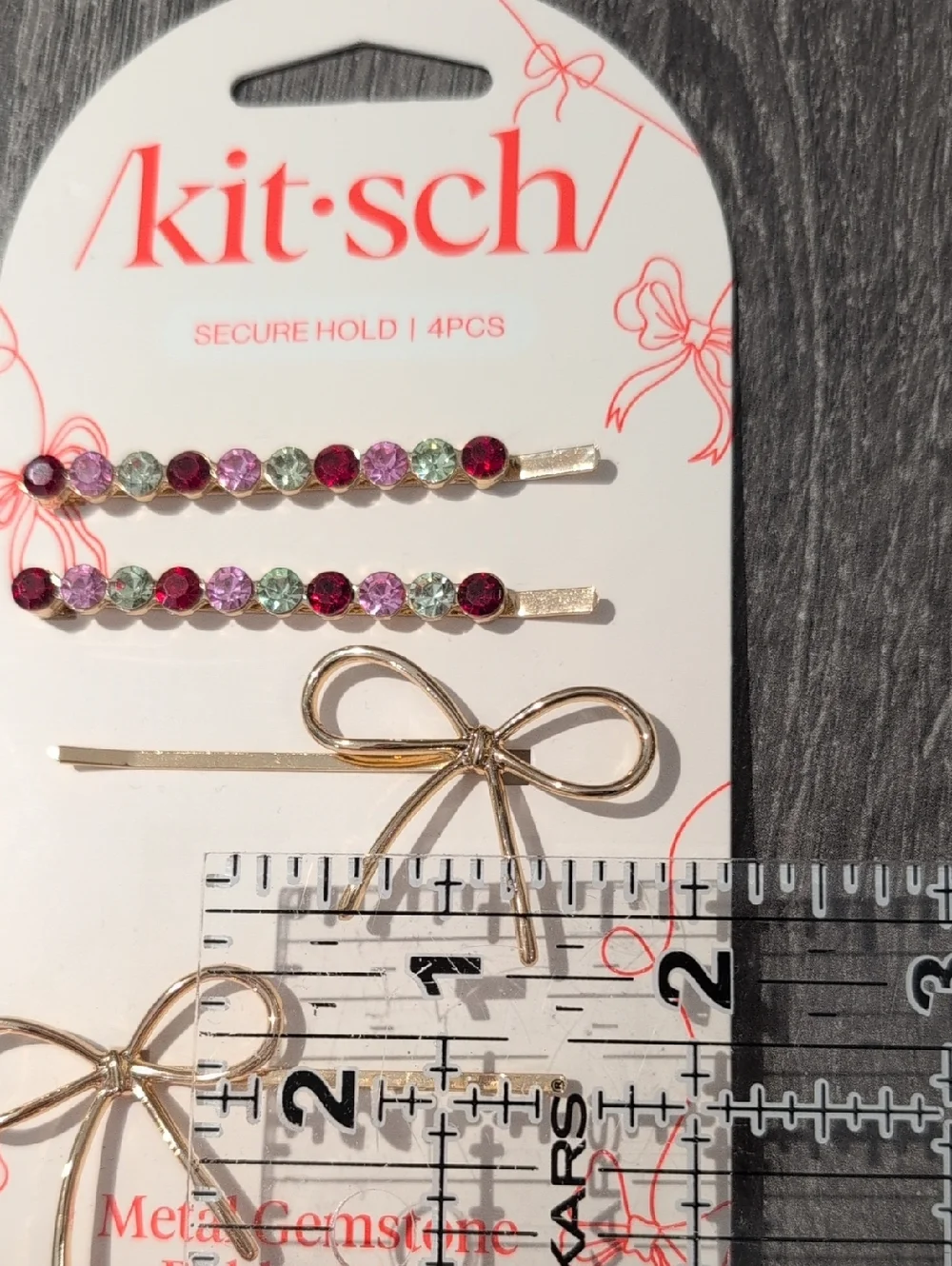 Kitsch Metal Gemstone Bow Bobby Pins Set of 4